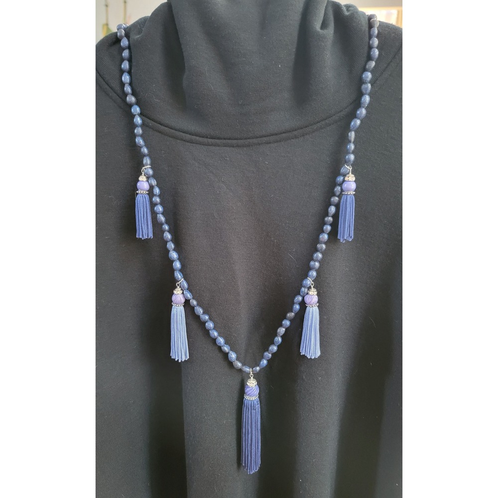 Chicos Iola Tass Blue Beaded Long Tassel Necklace Navy Accents NWT
